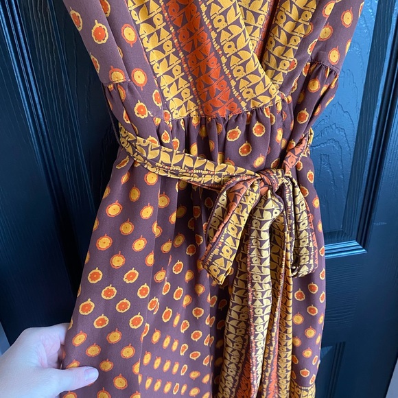 Anthropologie Anna Sui Silk Wrap Dress Brown Geometric Art Nouveau Boho-Size S - Picture 3 of 8